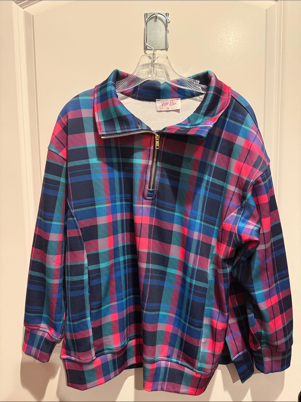 Jess Lea Plaid Quarter-Zip Sweatshirt in Navy, Teal & Pink